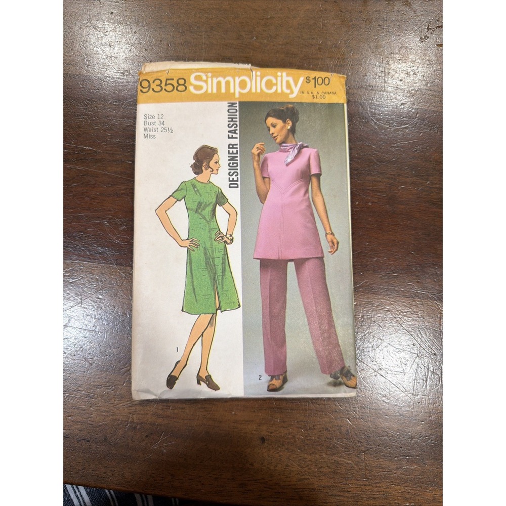 SIMPLICITY #9358-LADIES DESIGNER FASHION DRESS-TUNIC-PANT PATTERN 1971 size 12